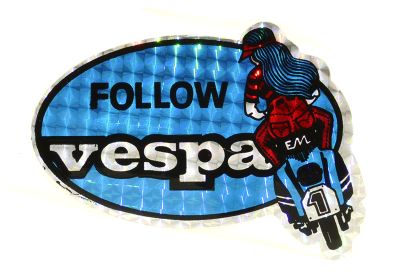 Adhesivo Moto Vespa Reflectante Azul Stilo Retro 110 x 80mm.