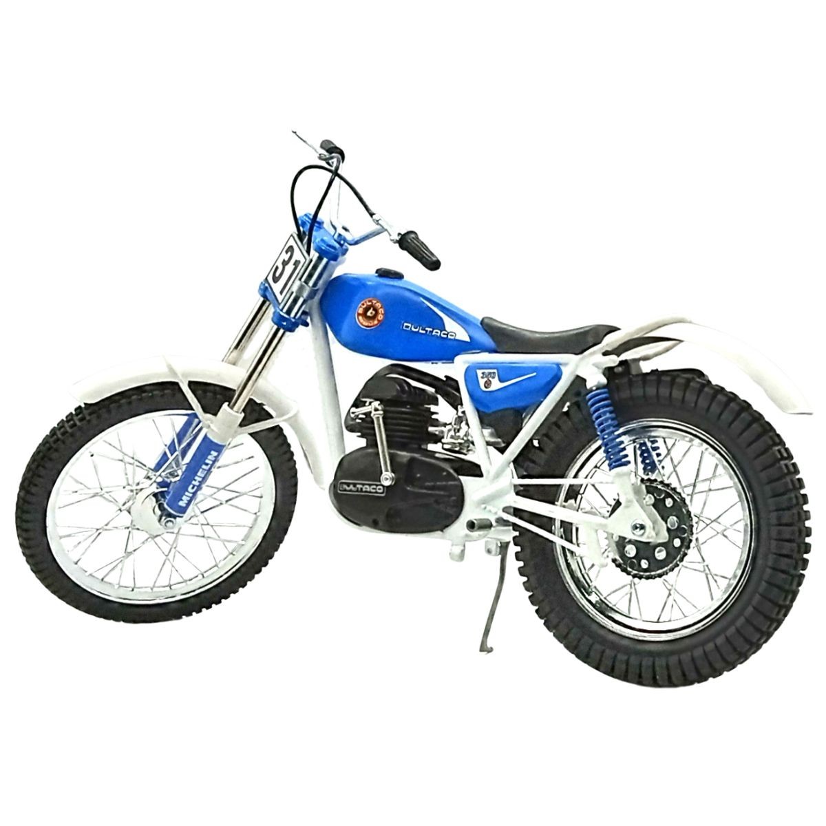 Bultaco Sherpa T199B Azul Chasis Blanco Réplica escala 1:6