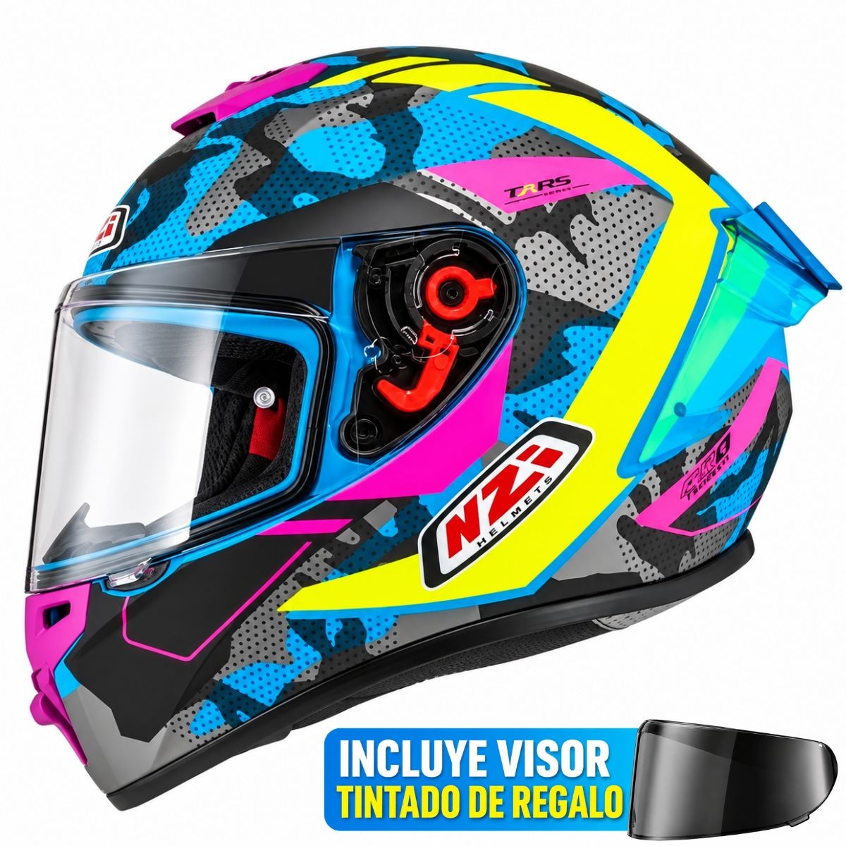 Casco NZI Trendy 3 STREAM CAMU Neon, Azul, Rosa Mate + Pantalla Negra Regalo