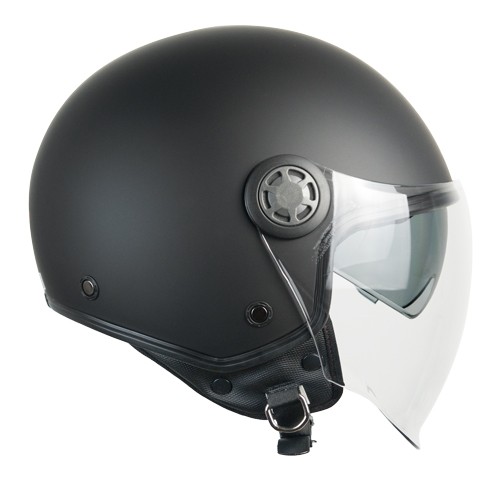 Casco demi-jet con gafas interiores fumé y visera larga antihuellas