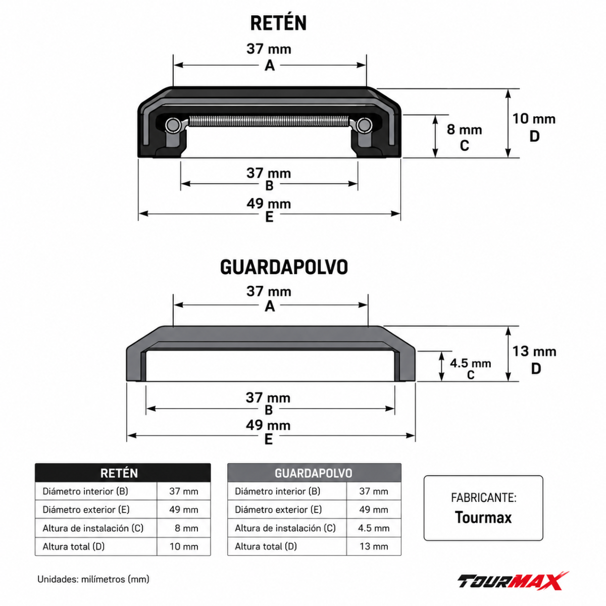 Retenes horquilla Tourmax 37x49x8/10 con guardapolvo 1