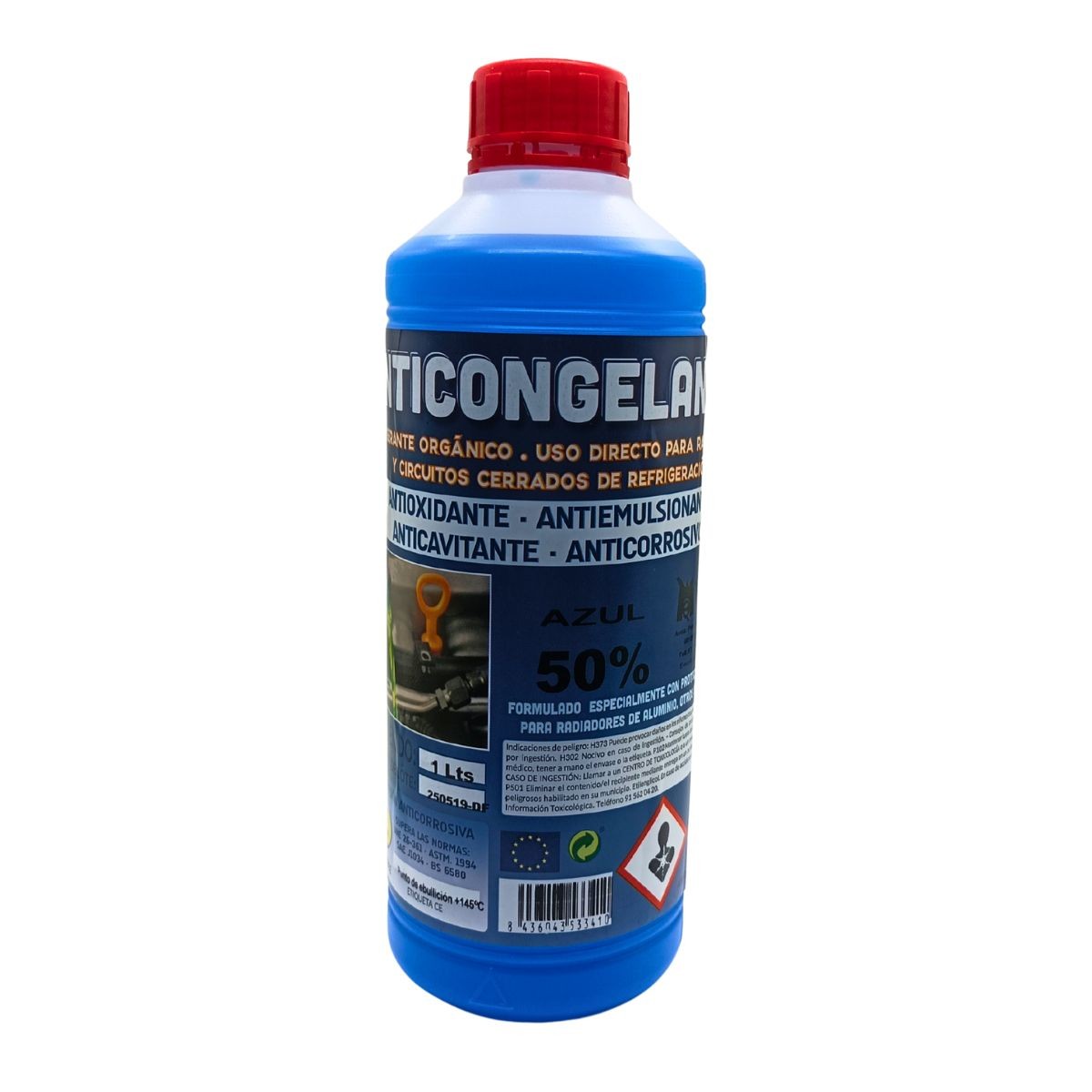 Botella de anticongelante azul 50% 1L -35ºC con base etilenglicol y aditivos anticorrosión