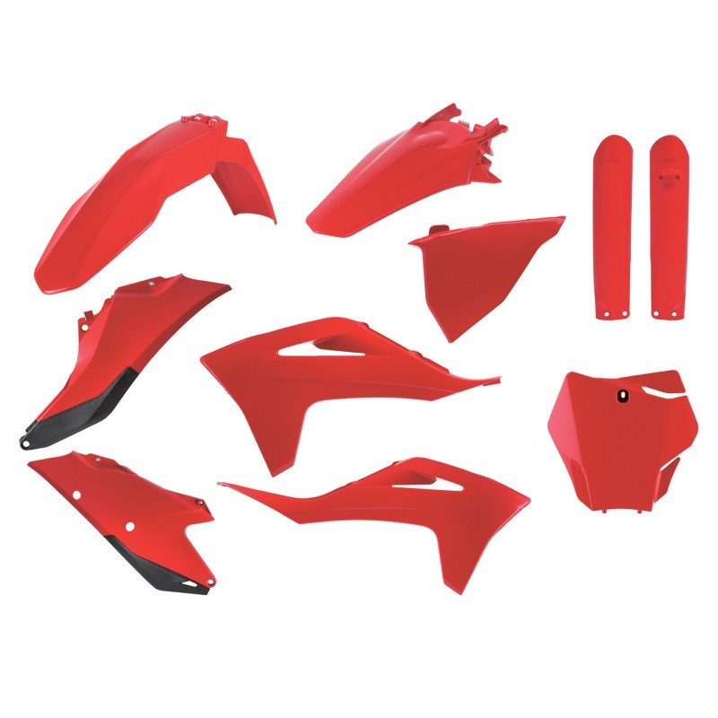 Kit de plásticos en color rojo para motocicleta Gas Gas EC, incluye guardabarros, cubiertas y protectores laterales.