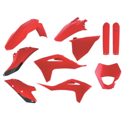 Kit de plásticos en color rojo para motocicleta Gas Gas EC, incluye guardabarros, cubiertas y protectores laterales.