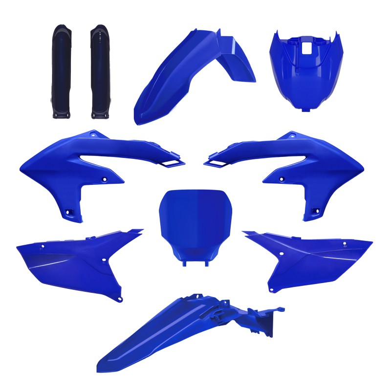 Kit de plásticos en color azul para Yamaha YZ, ideal para motocross, incluye guardabarros y paneles laterales.