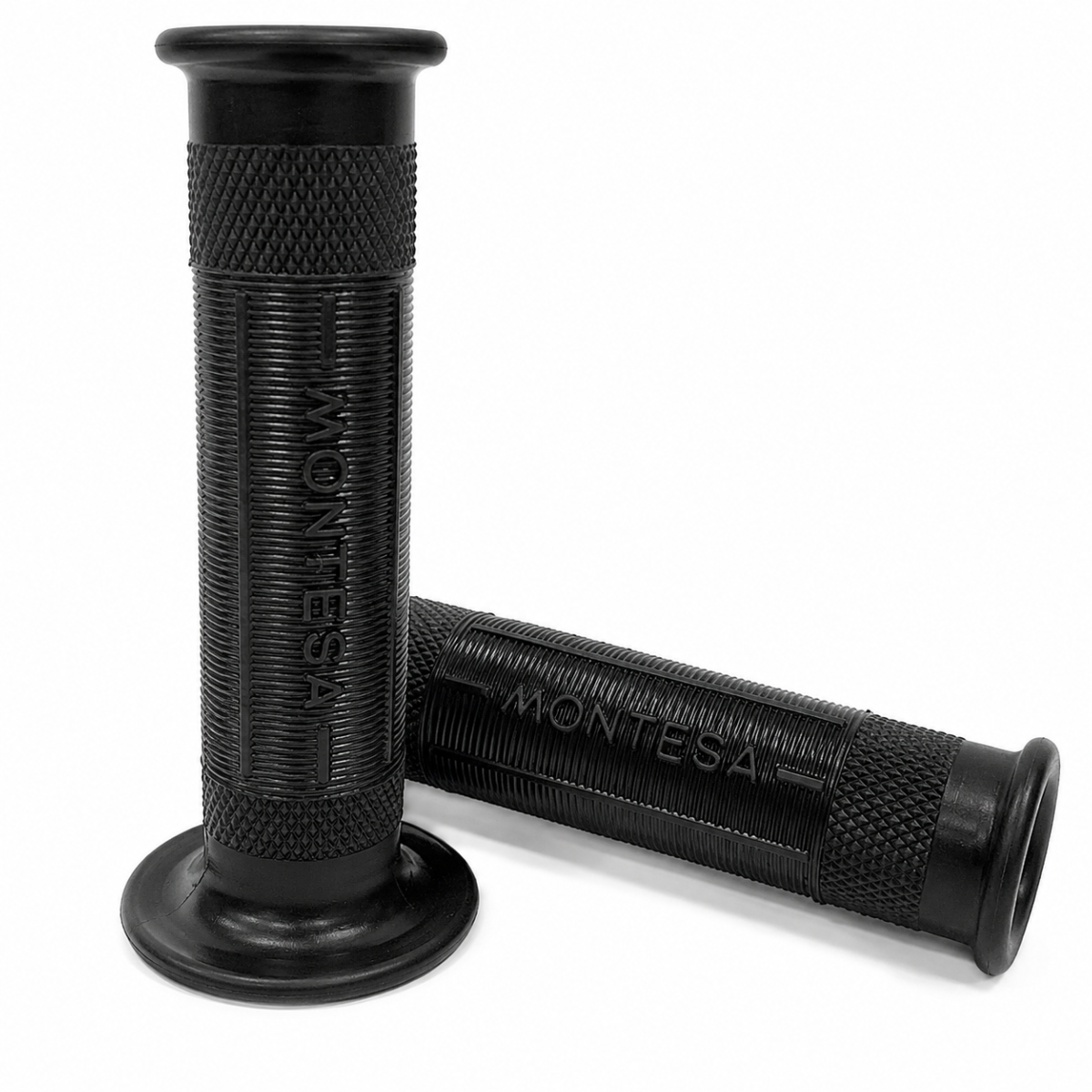 Puños negros clásicos Montesa con inscripción, compatibles con manillares de Ø22 y 24 mm