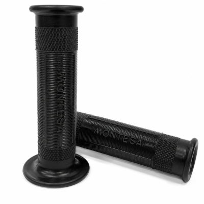 Puños negros clásicos Montesa con inscripción, compatibles con manillares de Ø22 y 24 mm