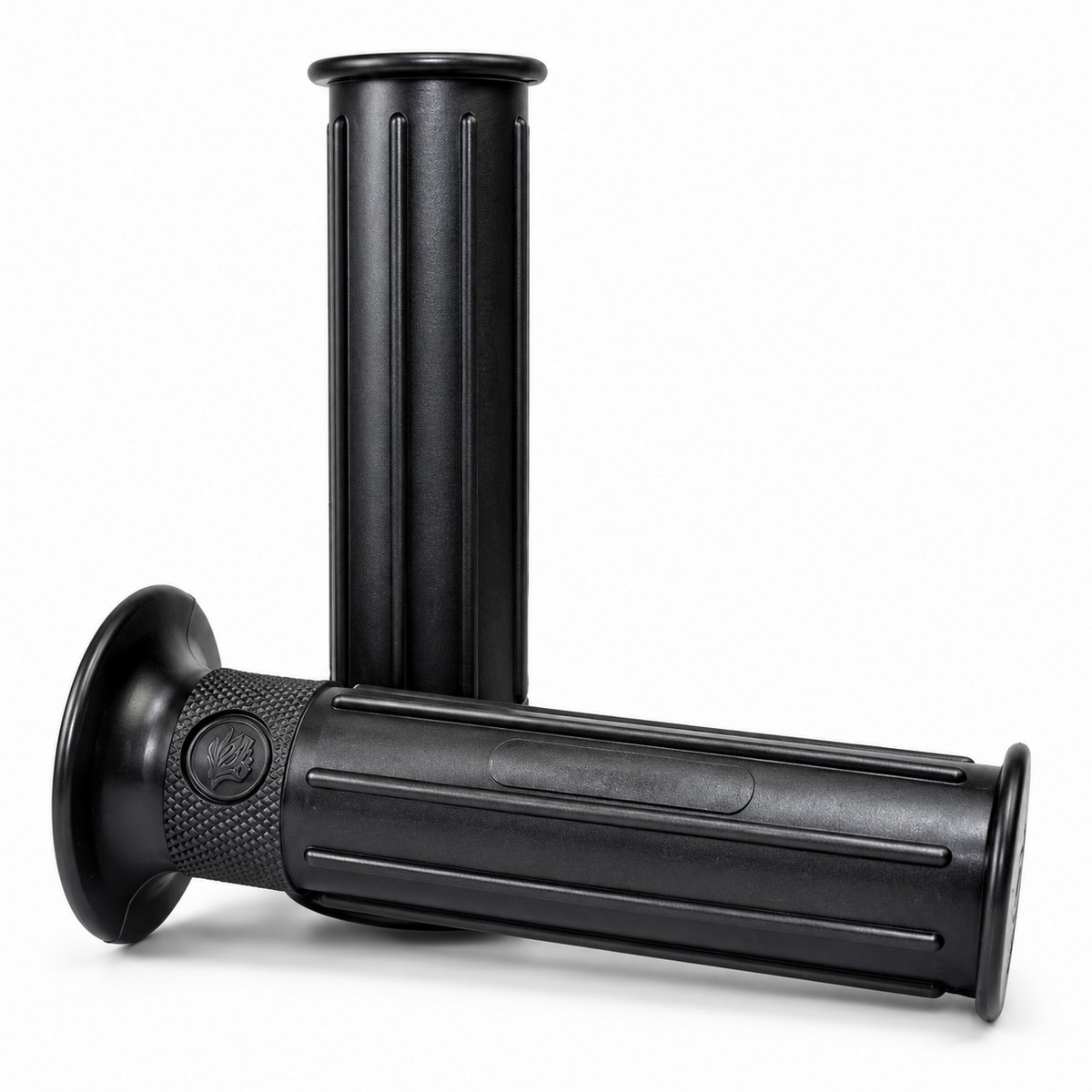 Puños clásicos Bultaco negros con logotipo moldeado para manillares Ø22/24 mm – juego de 2 unidades