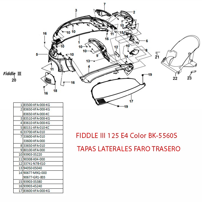 Tapa Lateral Superior Derecha SYM FIDDLE III 50/125 Negro Brillo (BK-007U/BK-5560S) 1