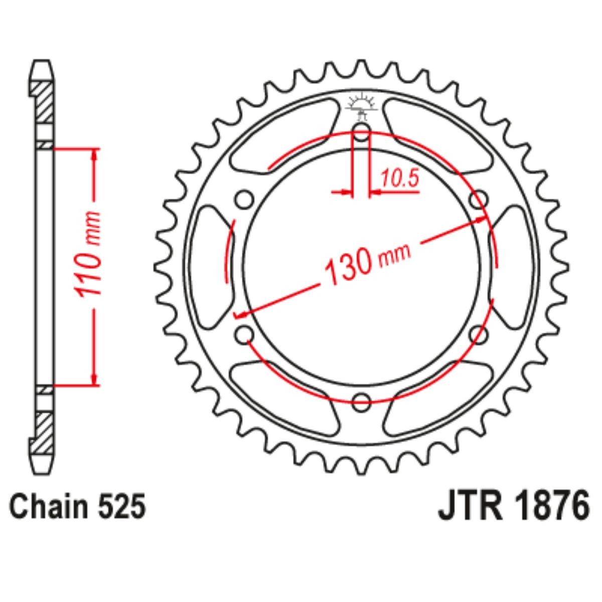 Corona trasera de acero JT paso 525 y 44 dientes, PCD 130 mm, Ø interior 110 mm, 6 orificios de 10,5 mm para Suzuki y Yamaha