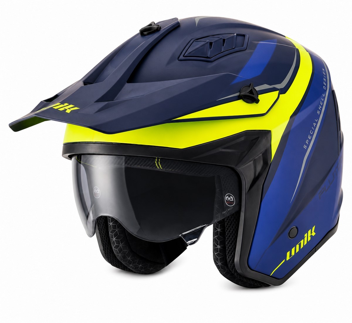 Casco Trial UNIK PLUTON Con Gafa Solar Azul/Amarillo Fluor MATE